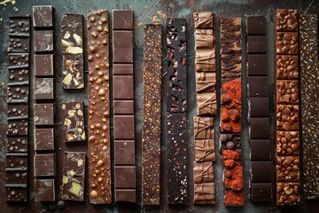 Aufkleber - Various types and flavors of chocolate bars neatly arranged on a table. Generative AI