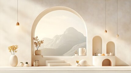 Poster - Minimalist and contemporary 3D studio room design with textured cream background empty floor and wall product podium mockup shadow overlay from window to countertop and diffused natural sunlight