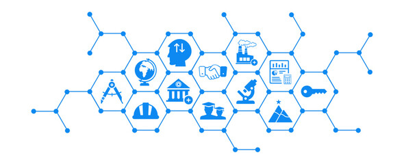 University industry collaboration vector illustration. Blue concept with icons related to partnership and cooperation between academia  business company for research project and program and internship