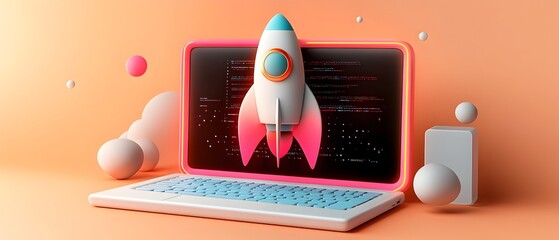 Poster - Speculative 3D rendered startup concept with state of the art laptop display presenting a rocket themed icon ergonomic and productivity focused coding setup enveloped in a bold neon palette