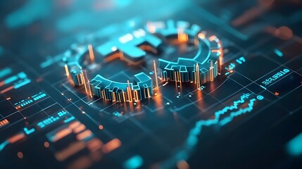 Poster - Zoomed in view of a blue market trading chart scrutinizing financial trends with detailed candlestick pattern indicators and precise technical analysis