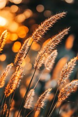 Sticker - Golden hour sunset with wild grass silhouette and bokeh background