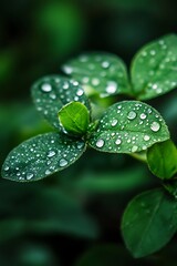 Wall Mural - Closeup of Dew Drops on Green Leaves, Nature Background