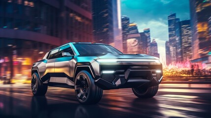 Wall Mural - Futuristic SUV car in fictional neon city. Neural network ai generated art