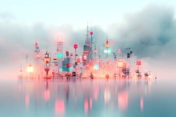 Poster - Boundless Digital Frontier Ethereal Holographic Phenomena Amid Undulating Energy Currents in a State of the Art Research Complex  Voyages into the Unknown Surreal Digital Landscapes