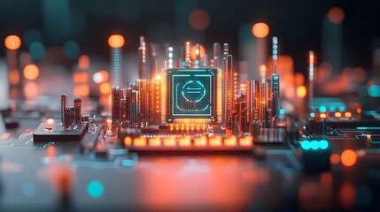 Poster - Sleek futuristic digital environment with holographic interface elements data particles and a neon lit cyberpunk inspired cityscape skyline  A seamlessly integrated