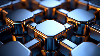 Aufkleber - Close-up view of interlocking metallic hexagonal shapes reflecting light in a futuristic arrangement