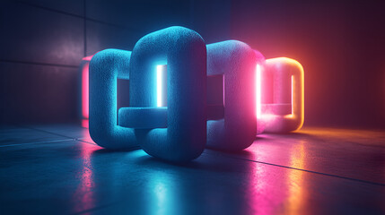 Aufkleber - Futuristic glowing geometric shapes arranged in a dark, illuminated space showcasing vibrant neon colors