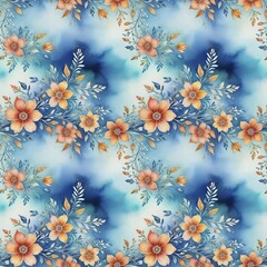 Aufkleber - Intricate floral pattern with orange flowers and leaves against a teal background with a blue gradient, Seamless pattern, AI generated