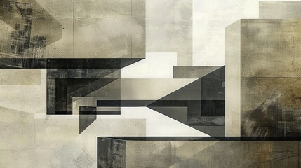 Fototapete - Abstract geometric composition with overlapping rectangles in neutral tones of beige, gray, and black, AI generated