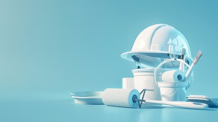 Poster - 3D rendering of white safety helmet, paint roller, and tray against a blue background, ideal for apartment renovation or interior design concepts. Generative AI