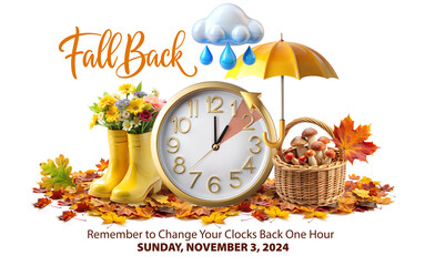 Wall Mural - Daylight Saving Time Ends. Fall Back info banner with clock instruction to turning clock back one hour at November 3, 2024 with text reminder - Set Your Clocks Back One Hour.