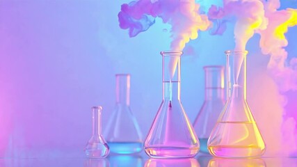 various laboratory flasks release colorful vapor, set against a vibrant backdrop, highlighting a sci
