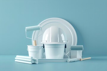 Poster - A 3D rendering of a white hard hat, paint buckets, rollers, and brushes arranged against a blue background, depicting a home renovation concept. Generative AI