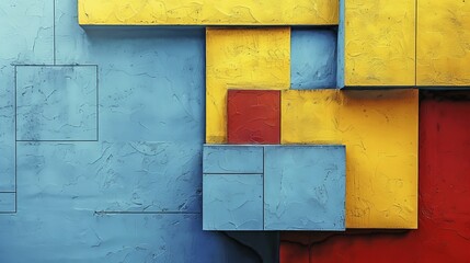 Poster - Abstract geometric design featuring rectangles in vibrant blue, yellow, and red tones, AI generated