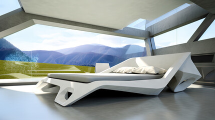 Poster - Bright white bedroom in futuristic style. Modern interior design of apartment or hotel room