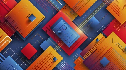 Poster - Abstract art with overlapping geometric shapes in red, orange, and blue tones, creating a modern design, AI generated