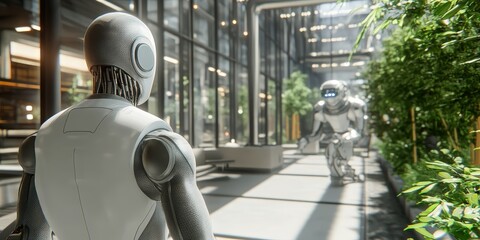 Poster - AI in Action: Create an image of a humanoid robot interacting with a human in a modern office, showcasing collaboration between humans and AI.