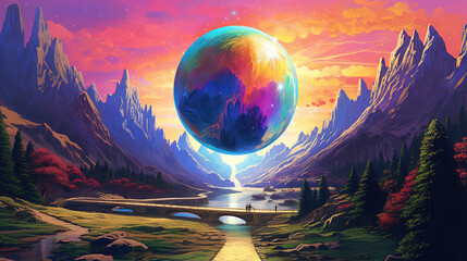 Poster - Fantasy landscape of a sci-fi planet with mountains and a road with mystic sphere