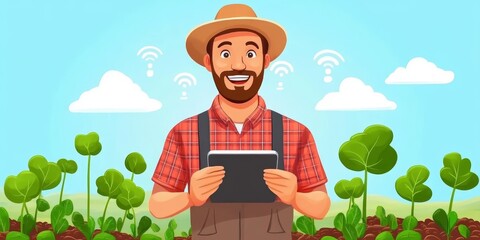 Poster - IoT in Agriculture: Depict a farmer using IoT devices in a field, monitoring crops and soil conditions with a tablet or smartphone.