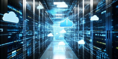 Poster - Cloud Infrastructure: Create an image of a modern data center with servers and cloud icons floating above, representing cloud storage and services.