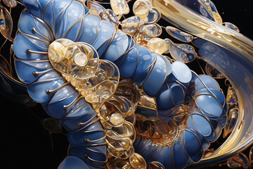 Poster - Scientific abstraction with blue alien DNA. Blue and gold spiral with a gold band