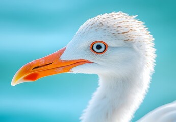 a striking white bird with a bright orange beak and blue eye stands against a vivid blue backdrop, s
