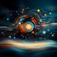 Poster - Futuristic digital landscape featuring swirling holographic data flows angular neon shapes and abstract technological motifs  The clean