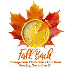 Wall Mural - Daylight Saving Time Ends. Fall Back clock showing arrow of turning clock back one hour. Composition with clock and fall elements, isolated on transparent white background, png element
