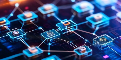 Aufkleber - Blockchain Technology: Depict a conceptual image of blockchain technology visualized as interconnected blocks, symbolizing security and transparency in financial transact