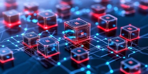 Fototapete - Blockchain Technology: Depict a conceptual image of blockchain technology visualized as interconnected blocks, symbolizing security and transparency in financial transact