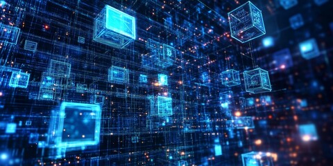 Aufkleber - Blockchain Technology: Depict a conceptual image of blockchain technology visualized as interconnected blocks, symbolizing security and transparency in financial transact