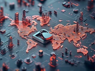 Poster - Secure Global Digital Network Intricate Circuit Board World Map with Padlock Ominous Technocratic Ambiance Pulsing Data Flows Retro Futuristic Style Vivid Corporate Dystopia