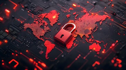 Poster - Detailed circuit board world map with a glowing red padlock indicating a locked down global digital infrastructure under cybersecurity threat