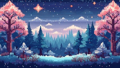Wall Mural - A pixelated winter night backdrop featuring tranquil snowy landscapes and starry skies for bit games. Generative AI
