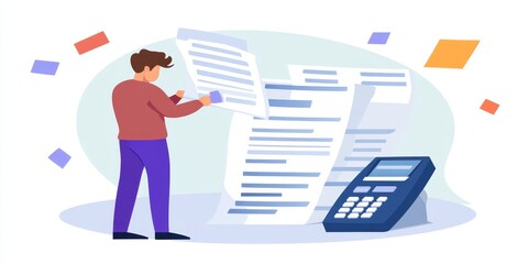 Aufkleber - Cutting Expenses: Depict someone reviewing bills and cutting unnecessary expenses, symbolizing smart budgeting practices.