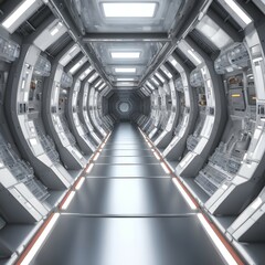 Poster - Three dimensional render of futuristic corridor inside a spaceship or space station, AI generated