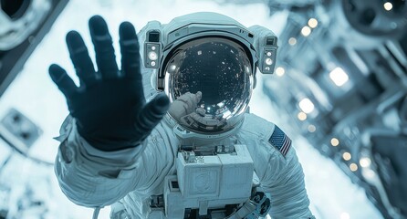 Wall Mural - A cinematic shot of an astronaut in a white spacesuit reaching out with one hand in outer space, surrounded 