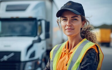 Confident female truck driver in high visibility vest stands beside truck on a sunny day