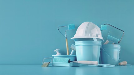 Poster - A 3D render of a safety helmet, paint buckets, rollers, and brushes on a blue background. Generative AI