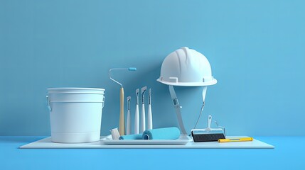 Poster - White safety helmet, paint roller, brushes, and bucket on tray against blue background - 3D rendering showcasing home renovation concept. Generative AI