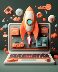 Poster - Innovative 3D Rendered Startup Concept Art Showcasing a Streamlined Laptop Dynamic Rocket Icon Immersive Digital Interface and Vibrant Neon Flourishes with a Masterful