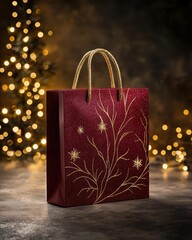 Elegant red gift bag with golden design standing against a festive background with warm lights.