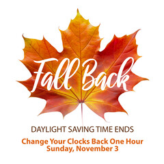 Wall Mural - Daylight Saving Time Ends, Fall back Time in November 3, 2024 Web Banner reminder with text - Set Clocks Back One Hour. DST info poster concept with red autumn maple leaf