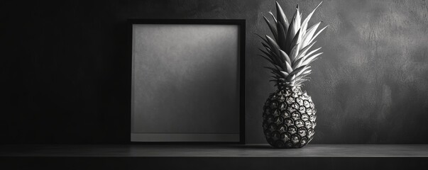Poster - Monochrome pineapple with empty frame, minimalist composition. Modern art and design concept