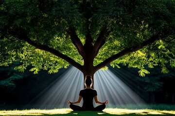 Poster - Person meditating under a tree, with soft rays of light shining through the leaves, symbolizing peace and mindful awareness