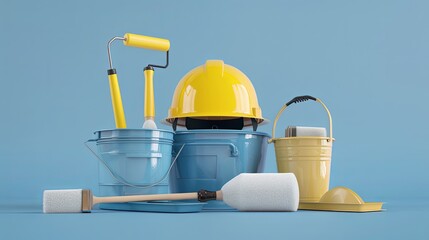 Poster - A 3D render of painting supplies for an apartment renovation, including a safety helmet, paint buckets, brushes, rollers, and a tray. Generative AI