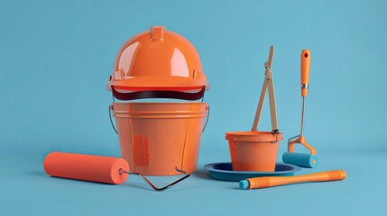 Poster - A safety helmet sits atop a paint bucket, with paint rollers and brushes beside it. This 3D rendering depicts the tools used for home renovation. Generative AI