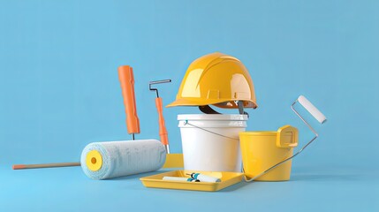 Poster - 3D Render of a set of painting supplies including a safety helmet, a paint roller, brushes, and paint buckets for an apartment renovation. Generative AI
