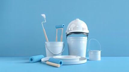 Poster - A 3D rendering of renovation supplies against a blue background. The image features paint buckets, rollers, brushes, and a hard hat. Generative AI